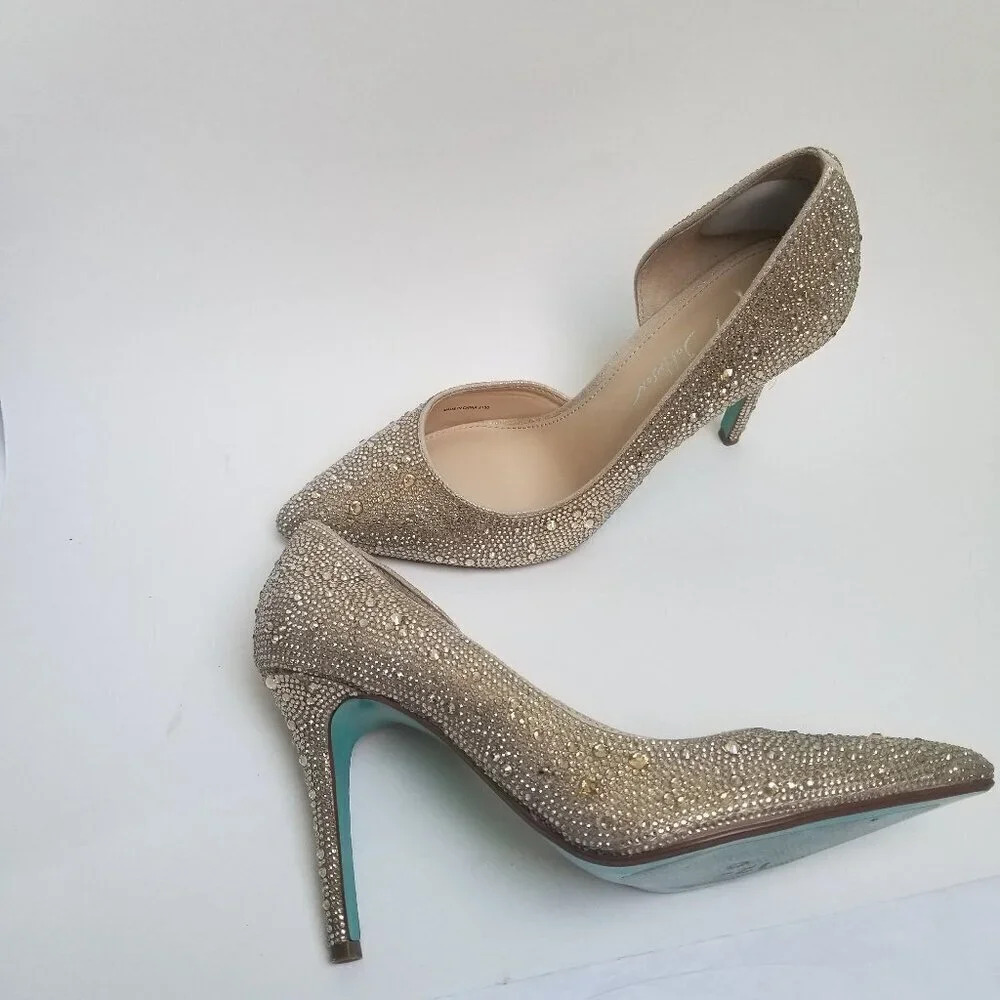 Betsey Johnson Hazil Tan Dress Pumps Stiletto Heels Crystal Evening Shoes 8